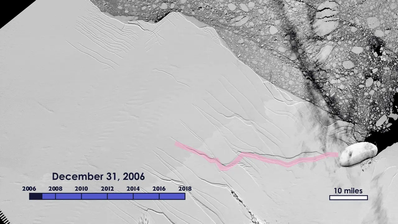 NASA satellite time-lapse of a crack spreading across an Antarctic ice shelf between 2006 and 2018