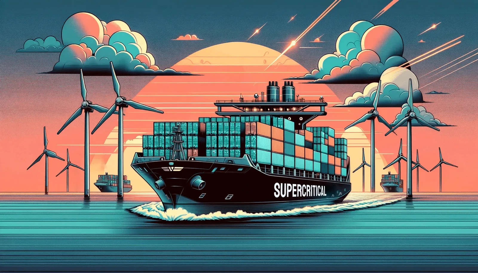 AI rendering of hydrogen-powered shipping, representing the HAMR Energy and Supercritical green methanol partnership